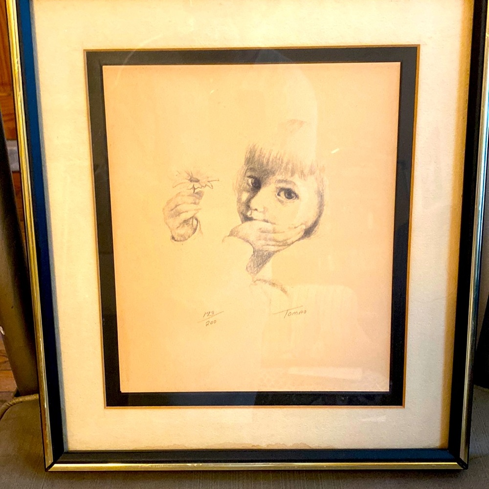 Lithograph of a Girl Holding a Flower.